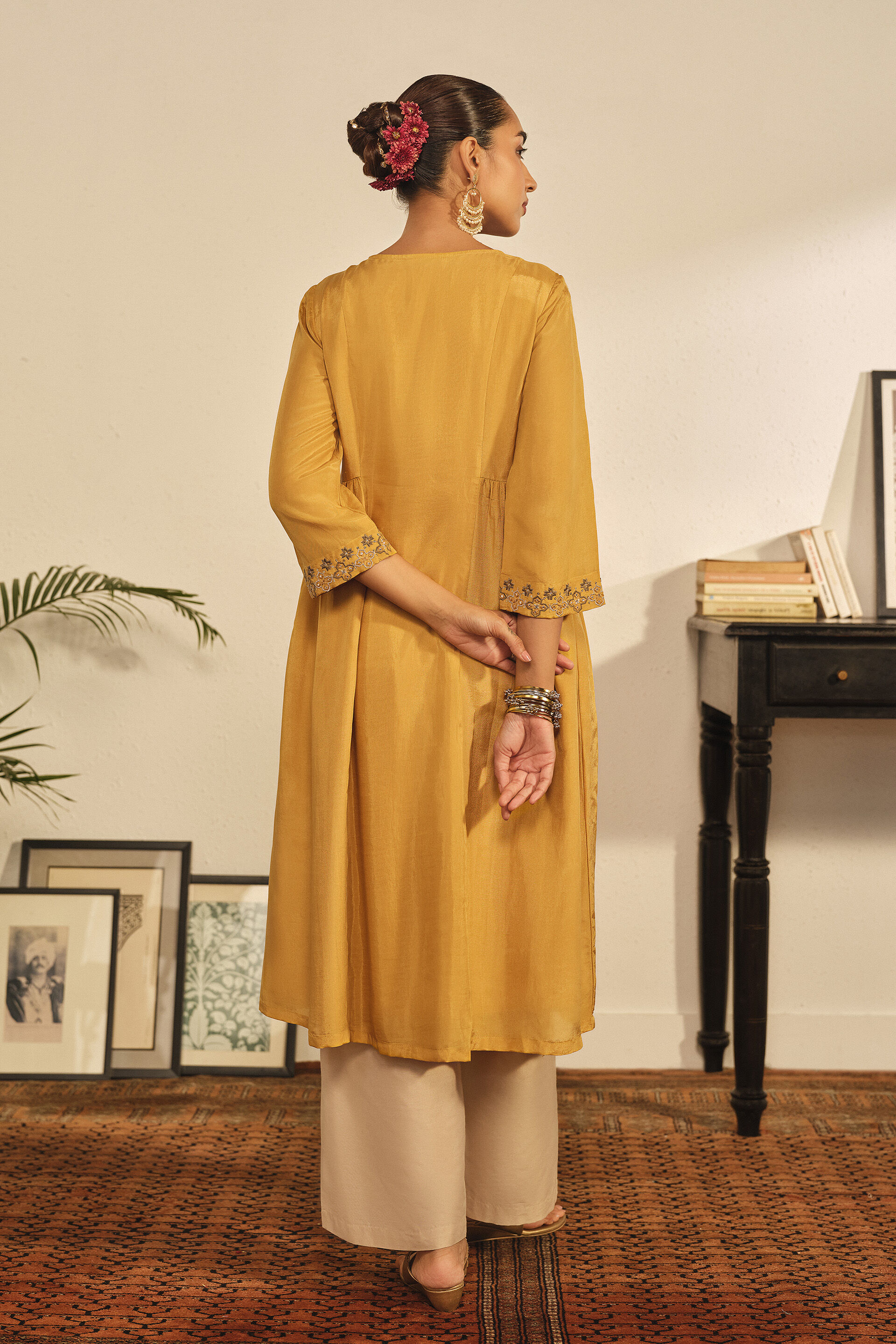 Embroidered A-line Kurta in Yellow, Yellow, image 4